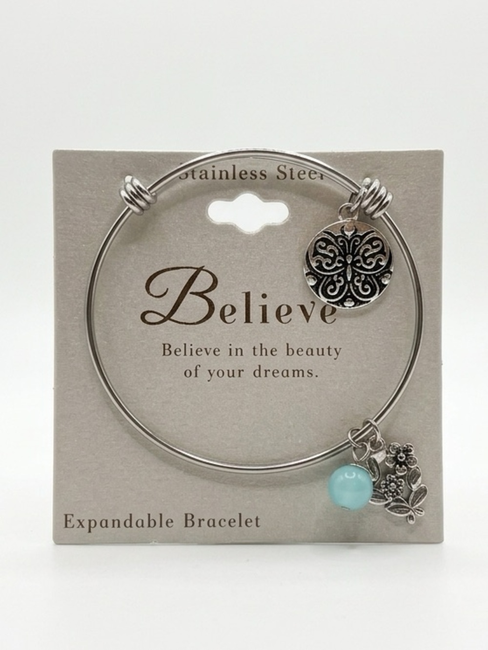 Stainless Steel Expandable “Believe” Bracelet with Charms